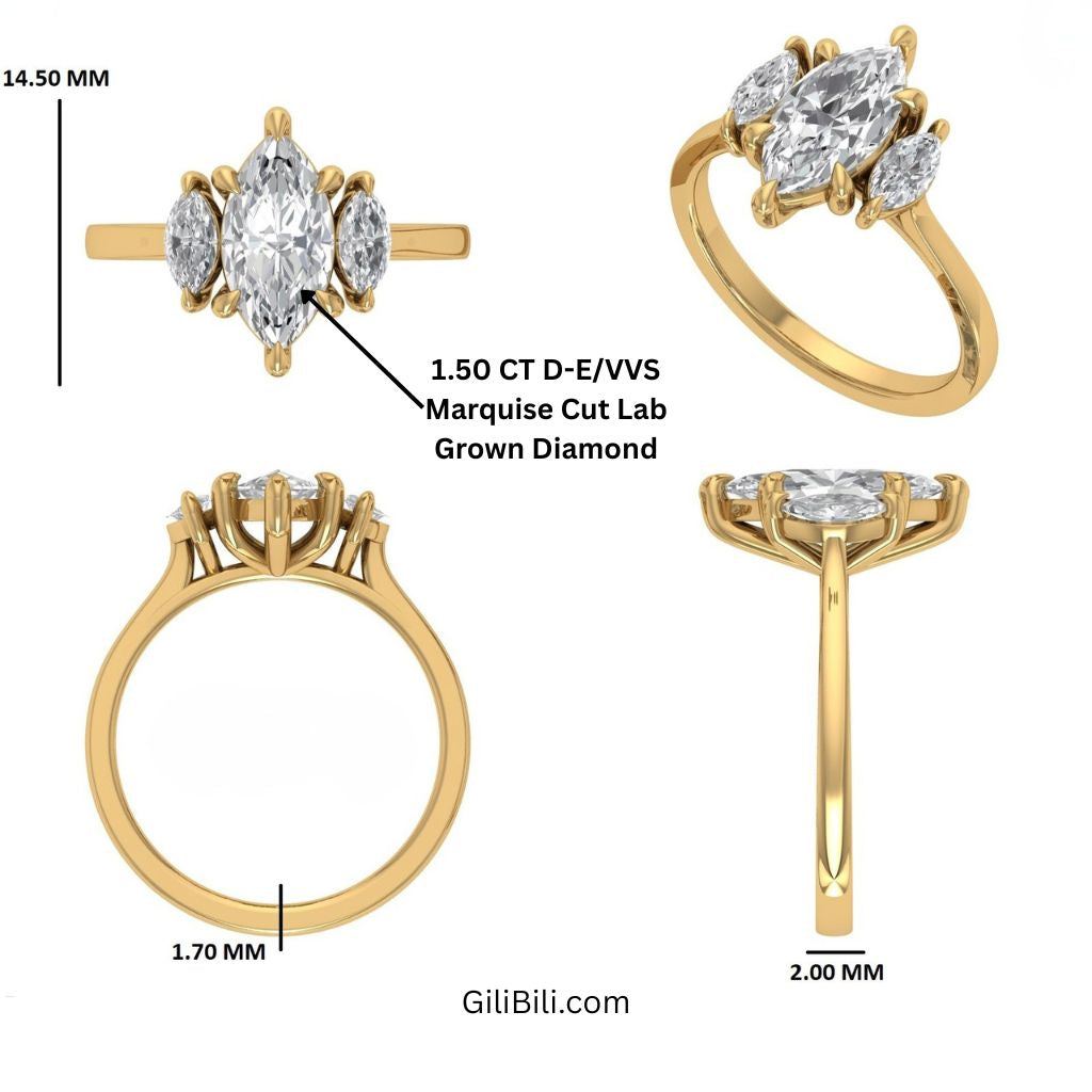 Marquise Shaped Three Stone Lab Grown Diamond Engagement Ring – GiliBili