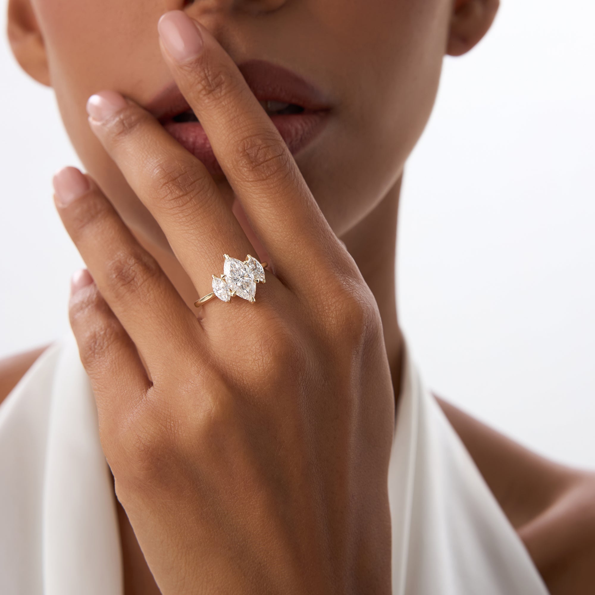 Marquise Shaped Three Stone Lab Grown Diamond Engagement Ring