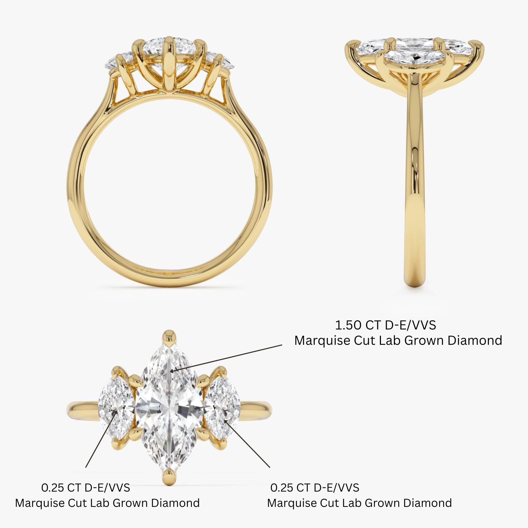 Marquise Shaped Three Stone Lab Grown Diamond Engagement Ring