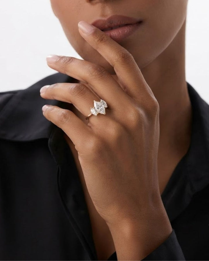 Marquise Shaped Three Stone Lab Grown Diamond Engagement Ring
