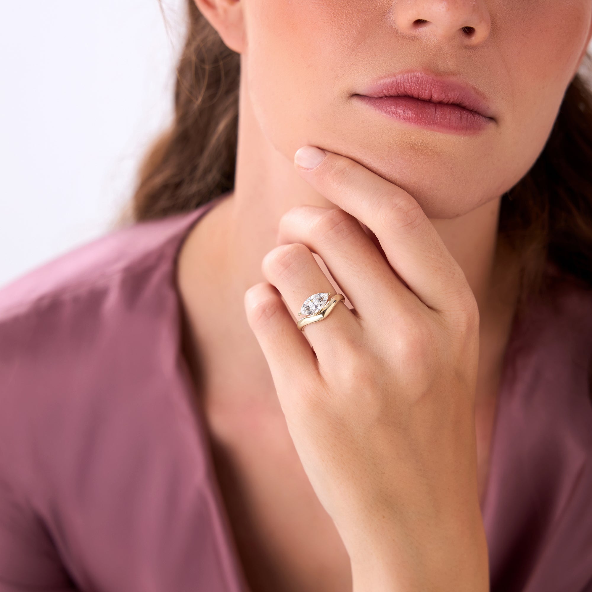 Marquise Shaped Wavy Sleek Design Lab Diamond Engagement Ring