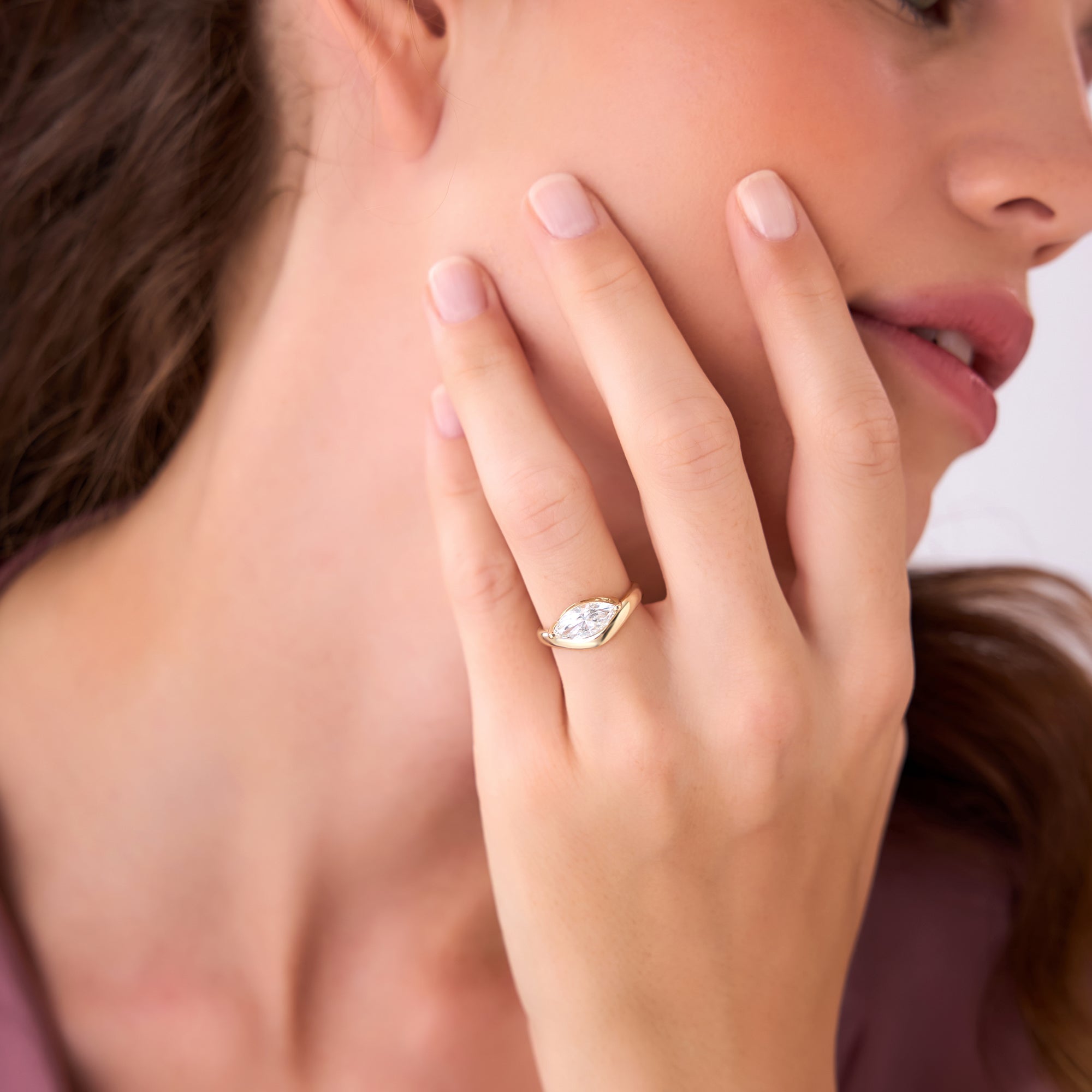 Marquise Shaped Wavy Sleek Design Lab Diamond Engagement Ring