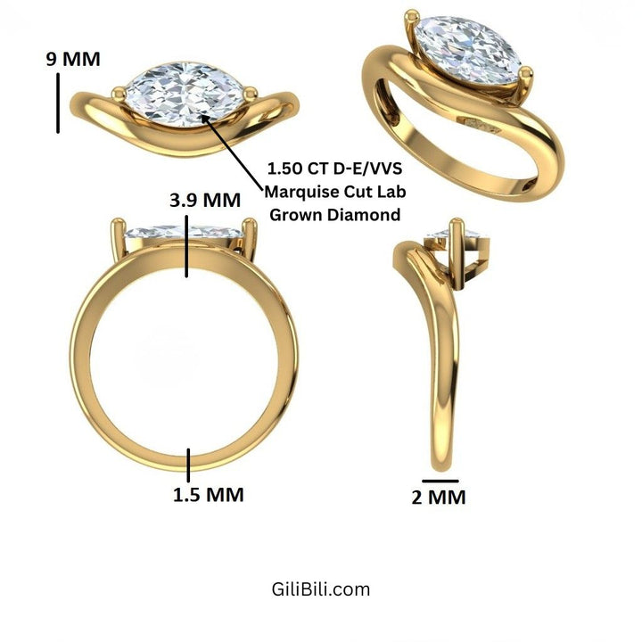 Marquise Shaped Wavy Sleek Design Lab Diamond Engagement Ring