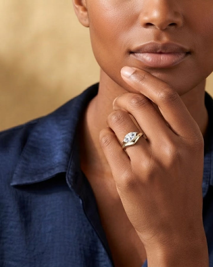 Marquise Shaped Wavy Sleek Design Lab Diamond Engagement Ring