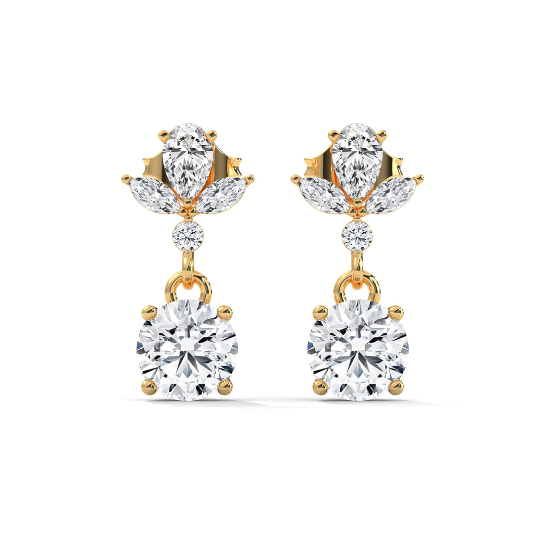 Pair of diamond earrings with gold accents on a white background