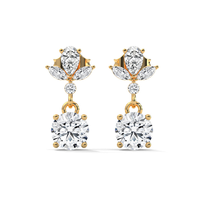 Pair of diamond earrings with gold accents on a white background
