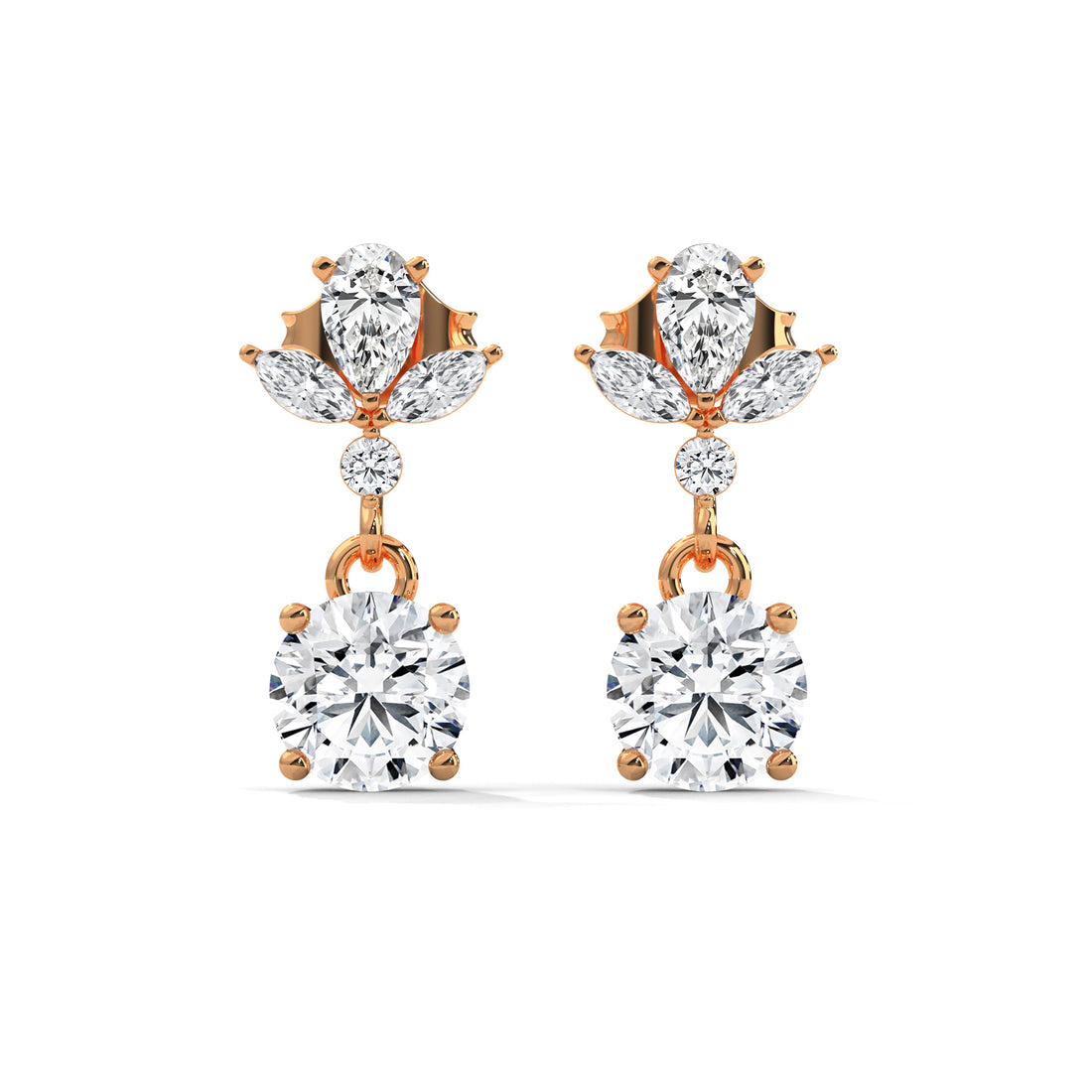 Rose gold and silver earrings with clear Diamond on a white background
