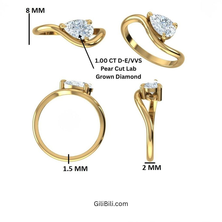 Modern Wavy Pear Shaped Lab Grown Diamond Engagement Ring