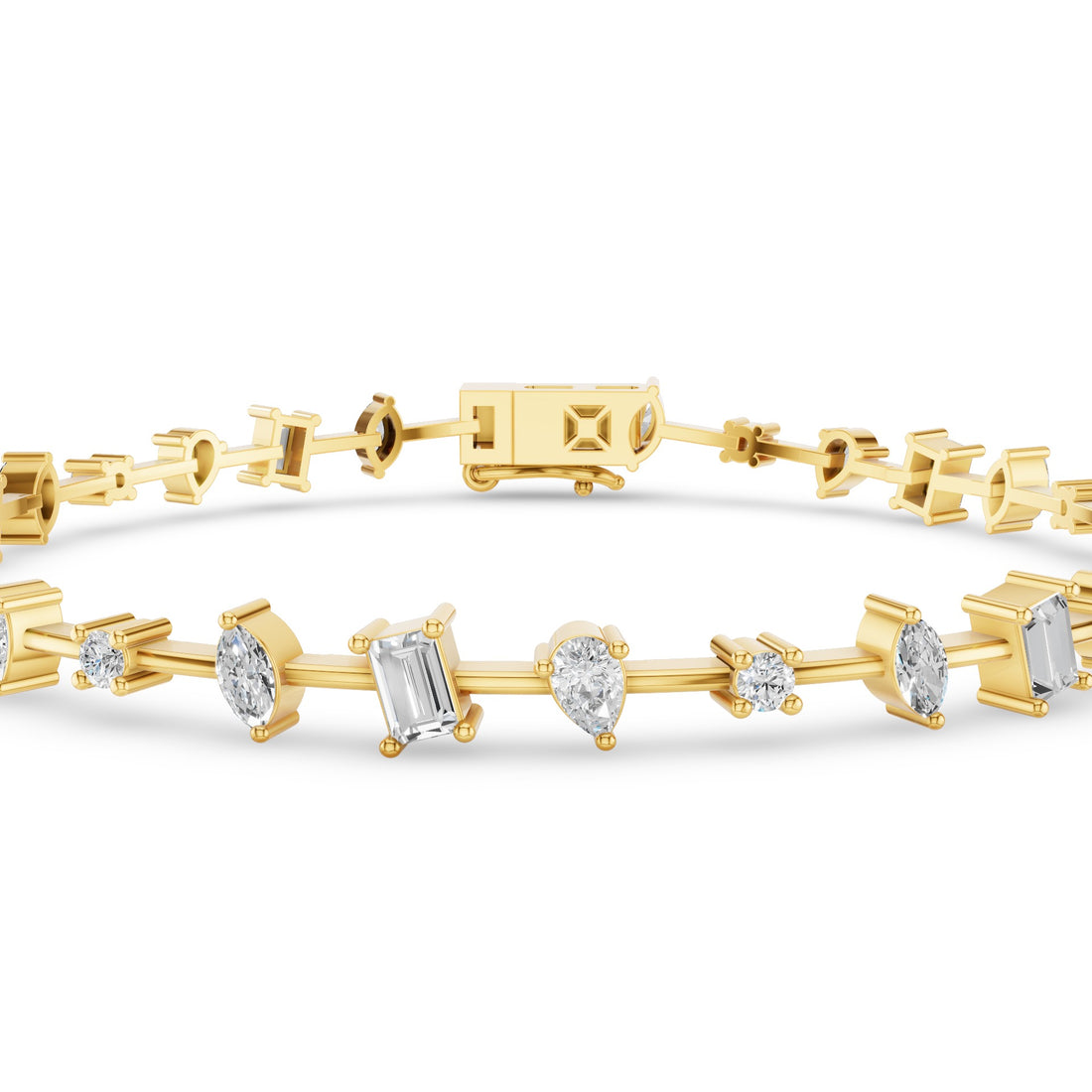 A yellow gold tennis bracelet featuring a row of clear gemstones in baguette, pear, and round cuts, displayed on a clean white background.