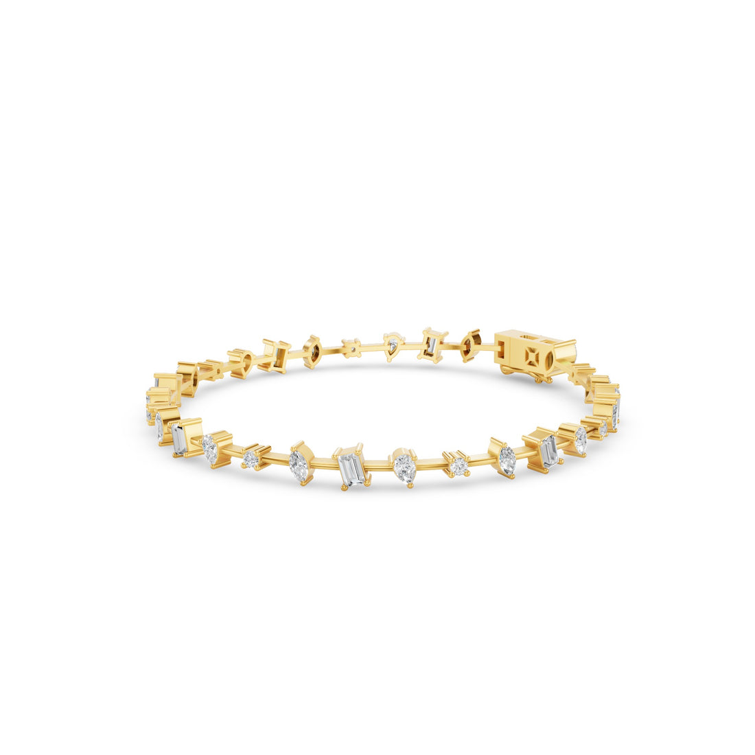 A yellow gold tennis bracelet featuring alternating geometric star-shaped links and marquise-cut clear gemstones, displayed on a clean white background.