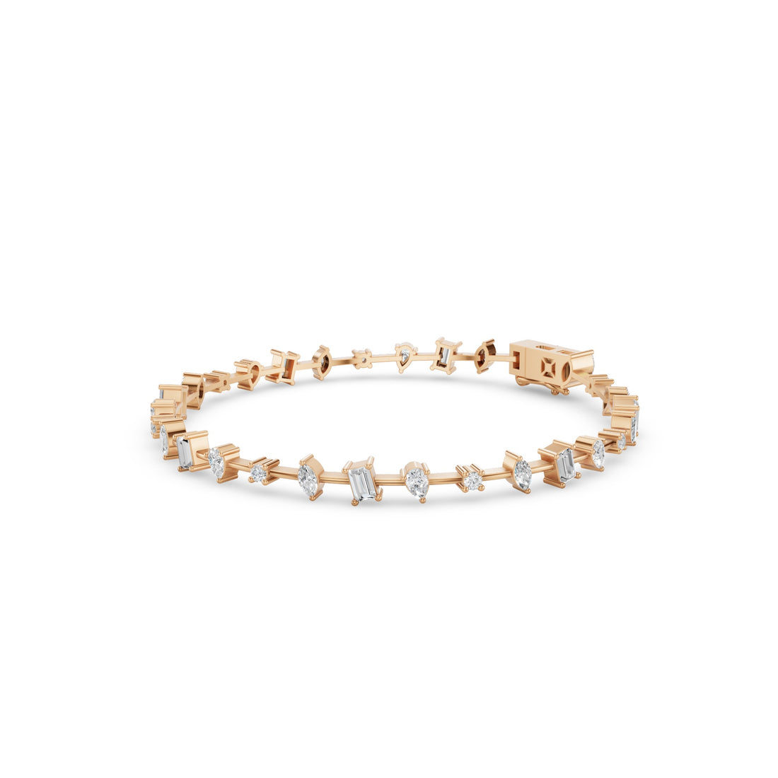 A delicate rose gold tennis bracelet featuring alternating geometric block links and clear baguette-cut gemstones, displayed on a clean white background.