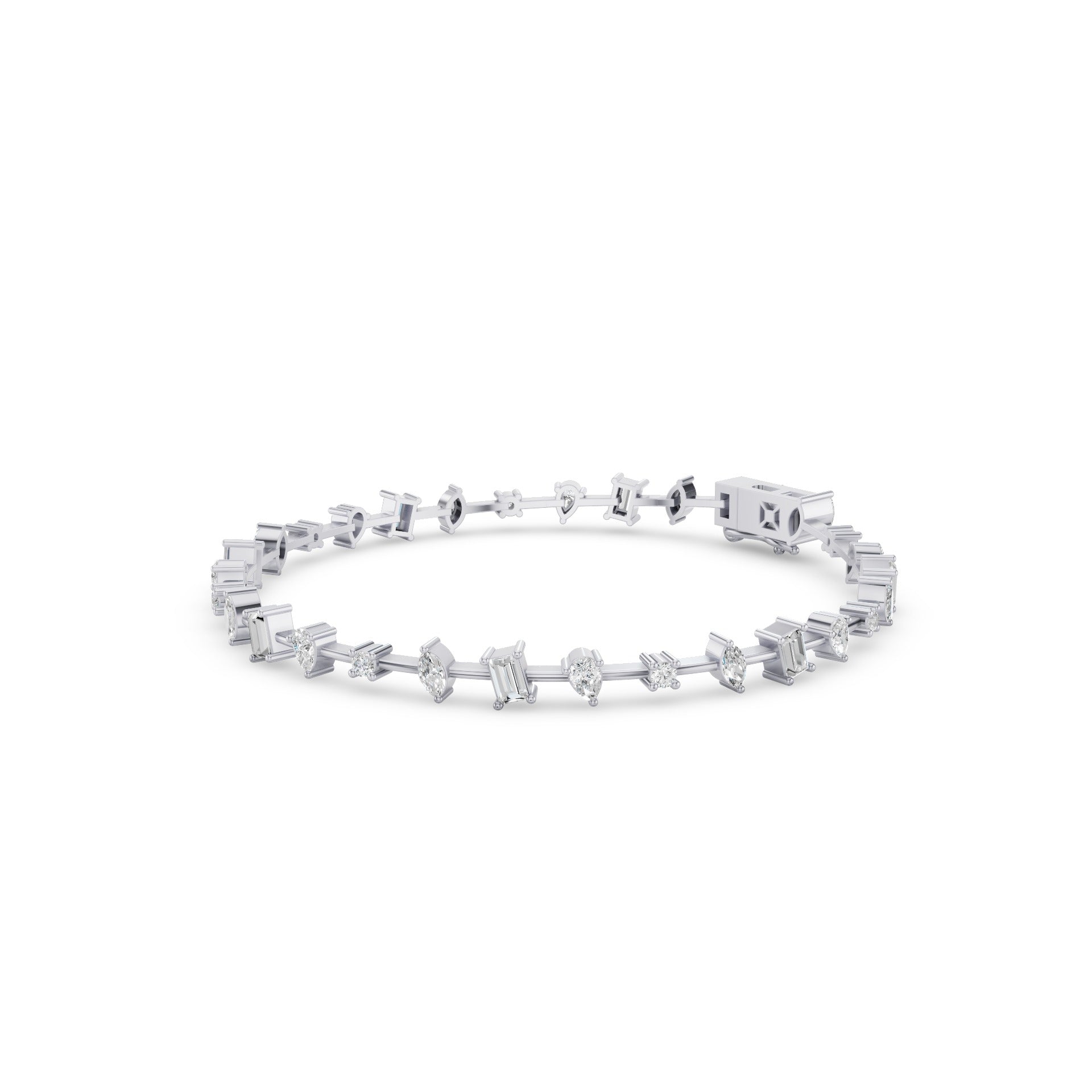 A silver-toned diamond tennis bracelet with baguette and round-cut diamonds, displayed in a circular shape against a solid white background.