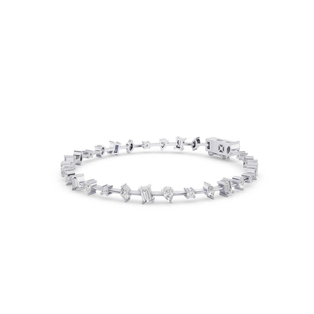 A silver-toned diamond tennis bracelet with baguette and round-cut diamonds, displayed in a circular shape against a solid white background.
