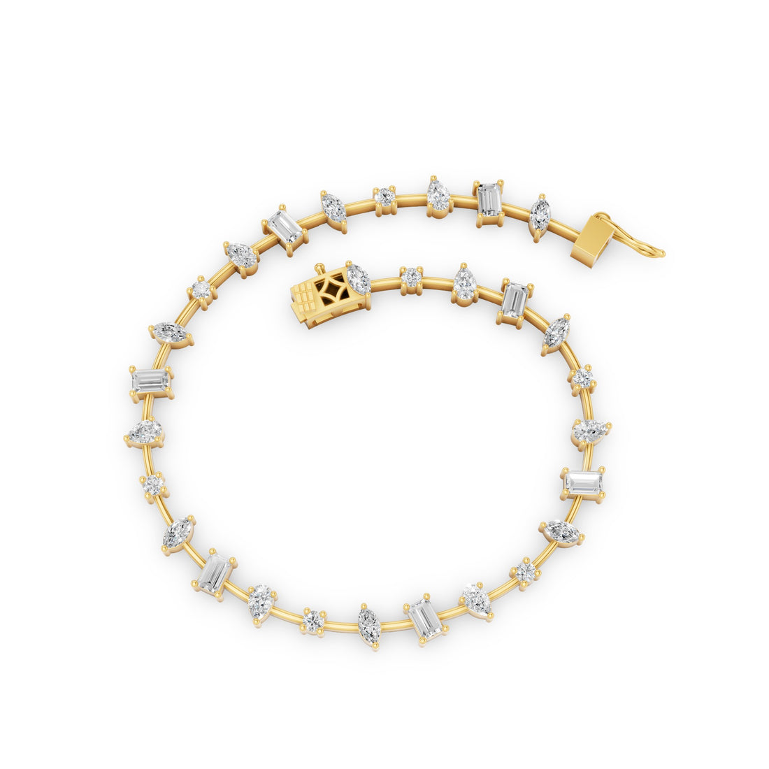 A yellow gold tennis bracelet featuring baguette and marquise-cut clear stones, arranged in a circular loop on a solid white background.