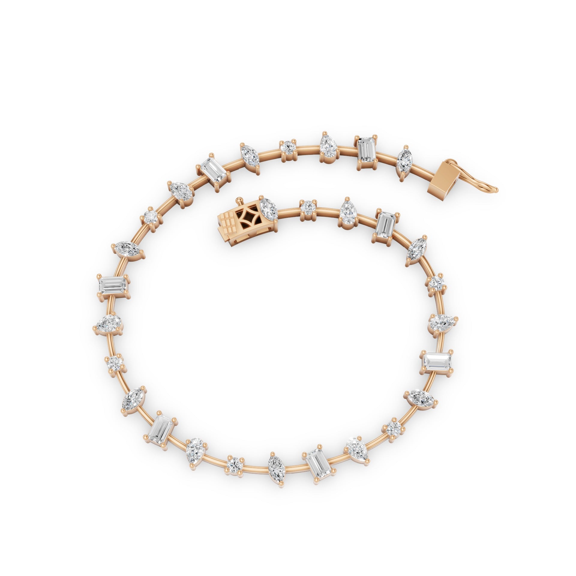 A yellow gold tennis bracelet featuring baguette, marquise, and round-cut clear stones, arranged in a circular loop on a solid white background.