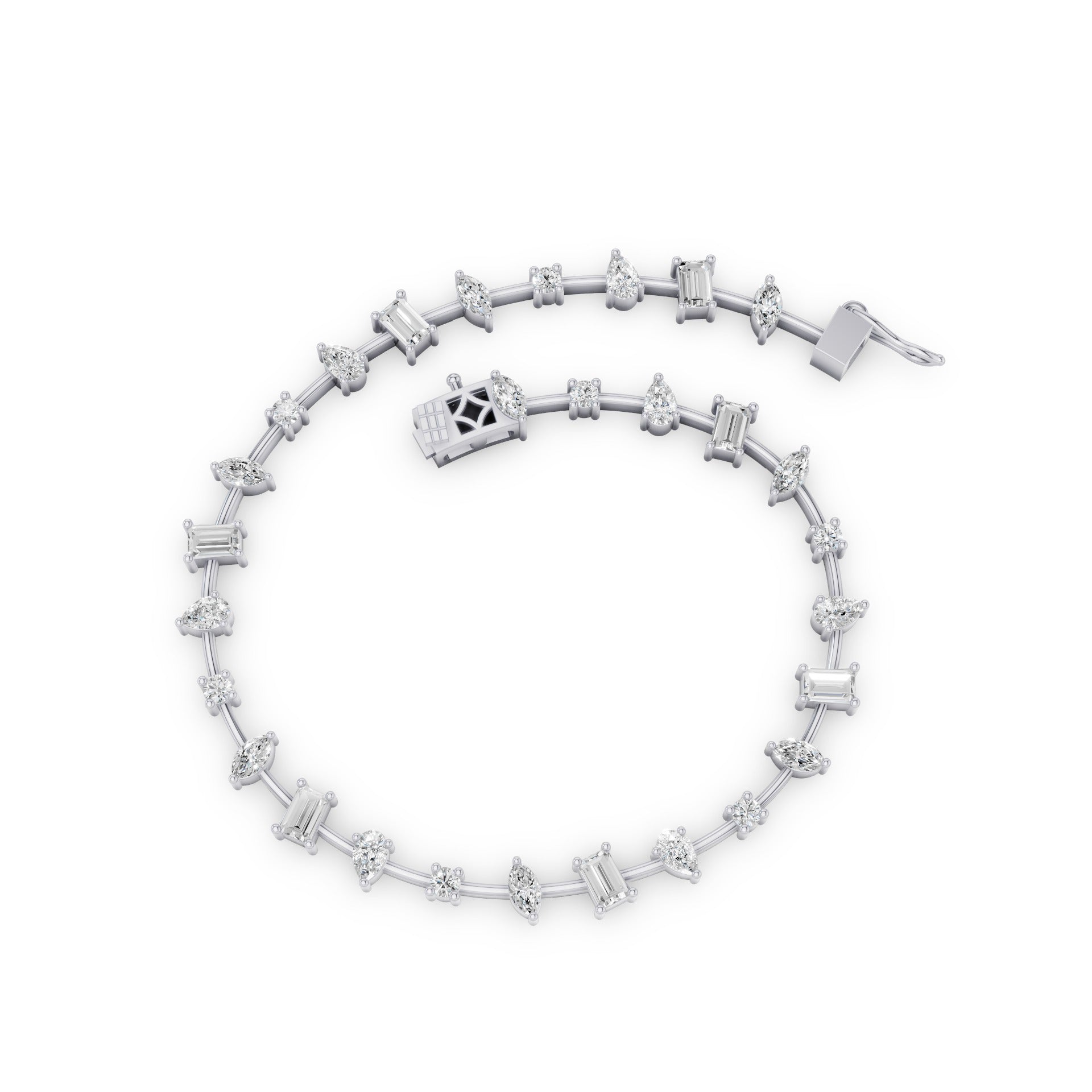 A silver-toned diamond tennis bracelet arranged in a circle on a clean white background, featuring a central crown-shaped diamond accent and a sliding clasp.
