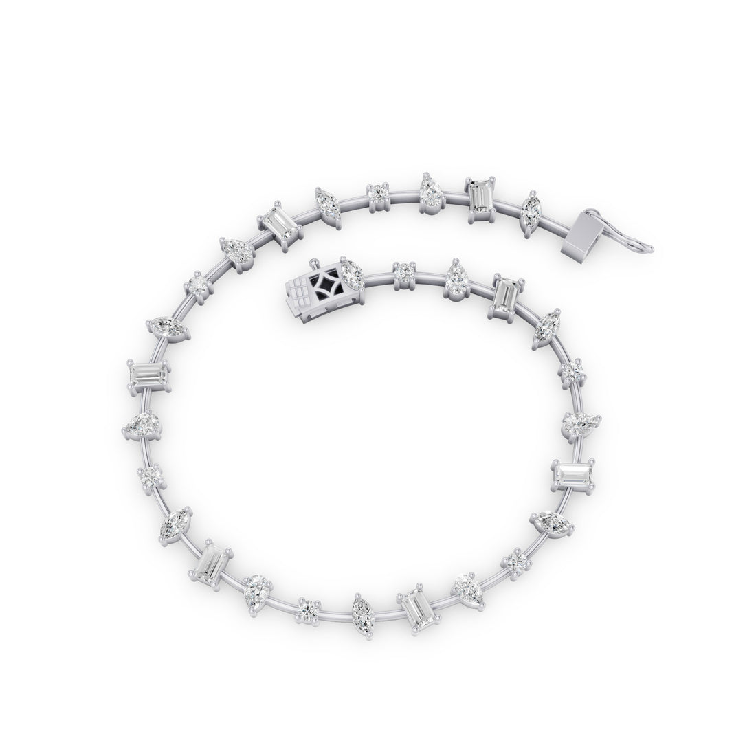 A silver-toned diamond tennis bracelet arranged in a circle on a clean white background, featuring a central crown-shaped diamond accent and a sliding clasp.