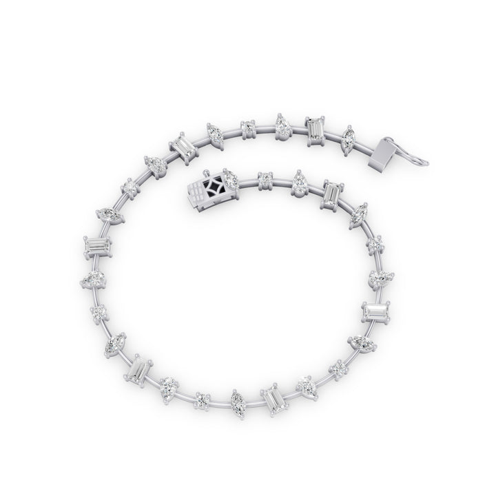 A silver-toned diamond tennis bracelet arranged in a circle on a clean white background, featuring a central crown-shaped diamond accent and a sliding clasp.