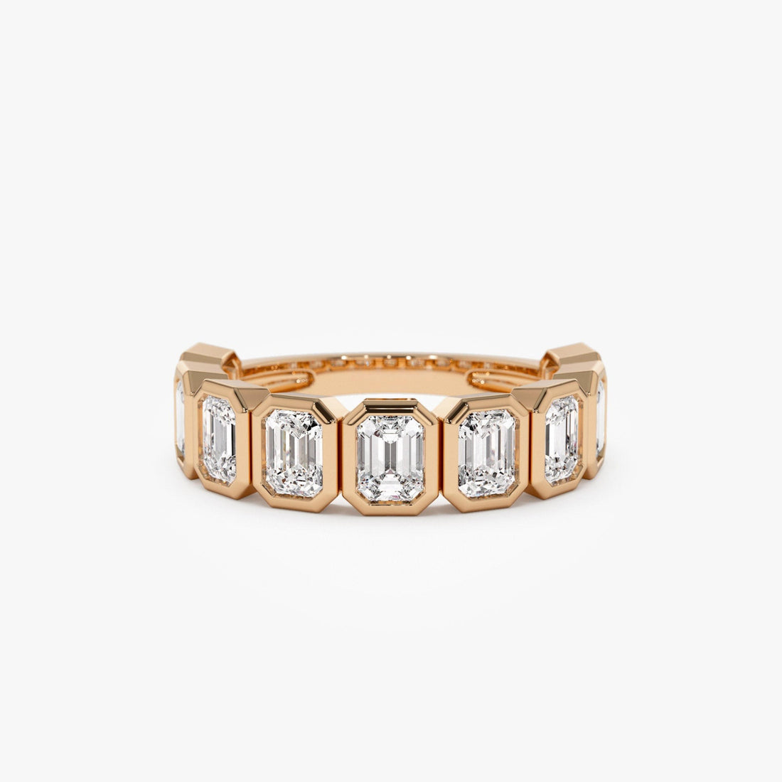 Nine Stone Emerald Cut Lab Diamond Bezel Setting Wedding Ring