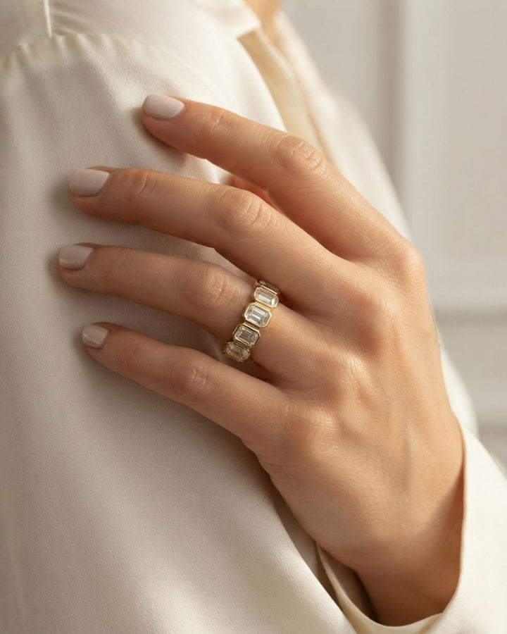 Nine Stone Emerald Cut Lab Diamond Bezel Setting Wedding Ring
