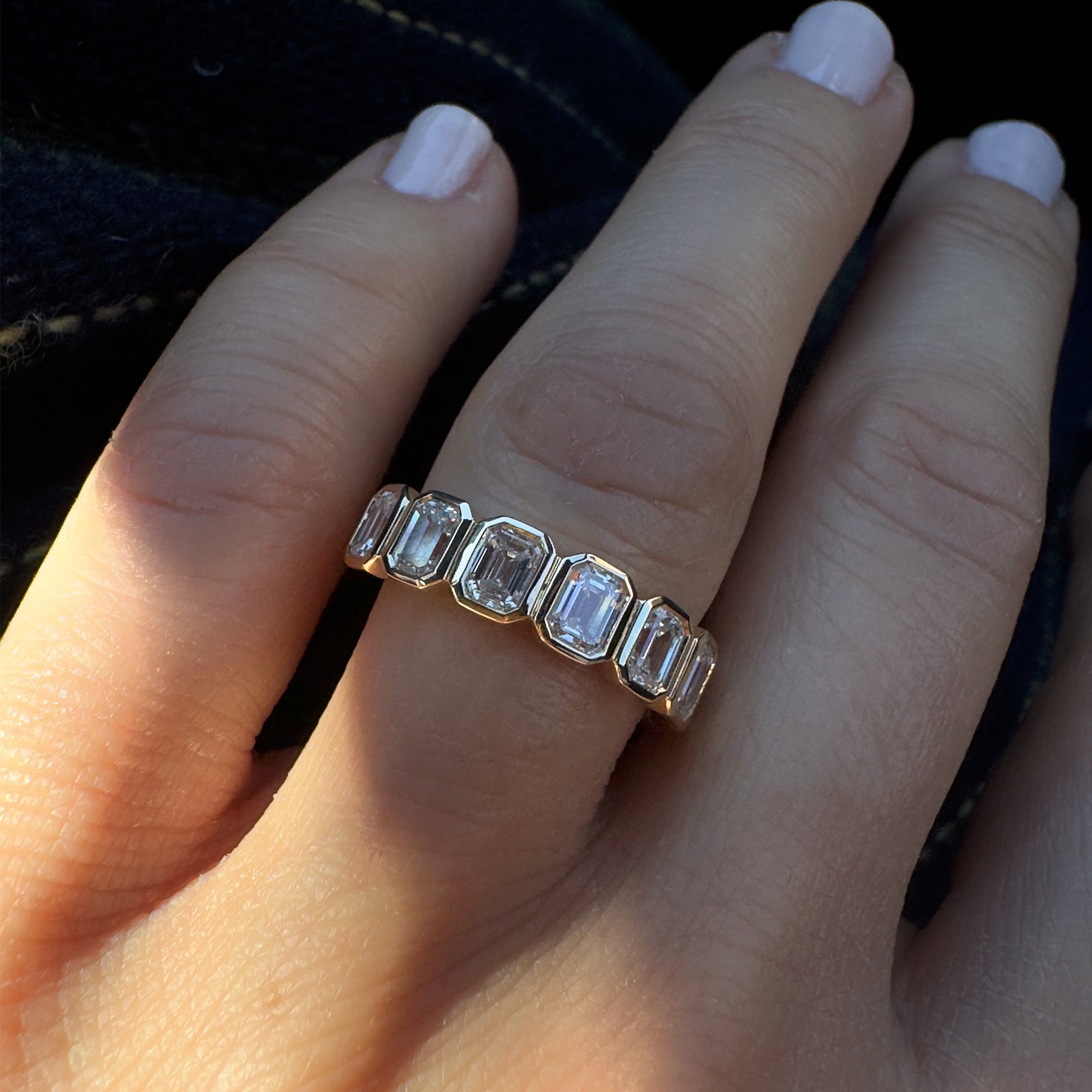 Nine Stone Emerald Cut Lab Diamond Bezel Setting Wedding Ring