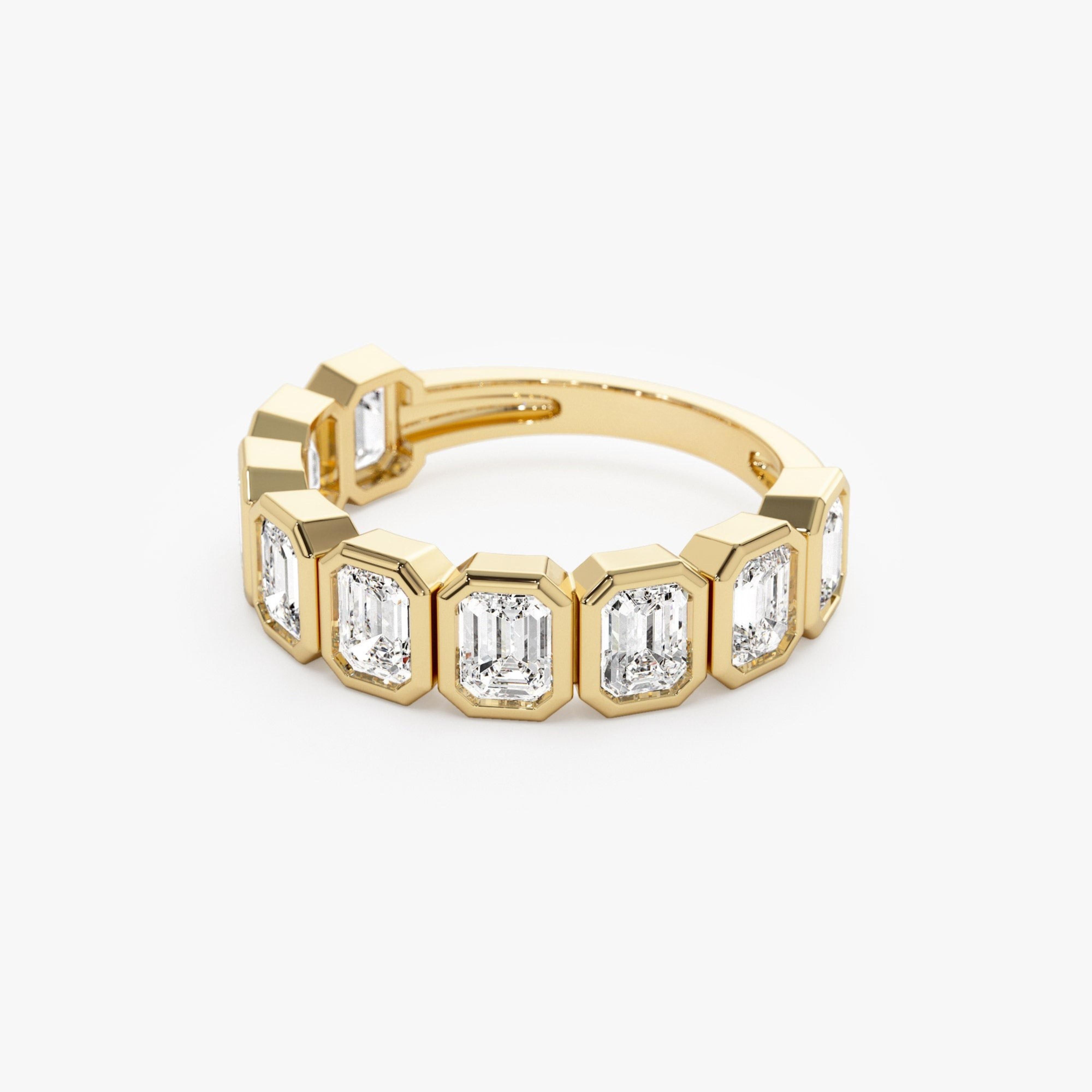 Nine Stone Emerald Cut Lab Diamond Bezel Setting Wedding Ring