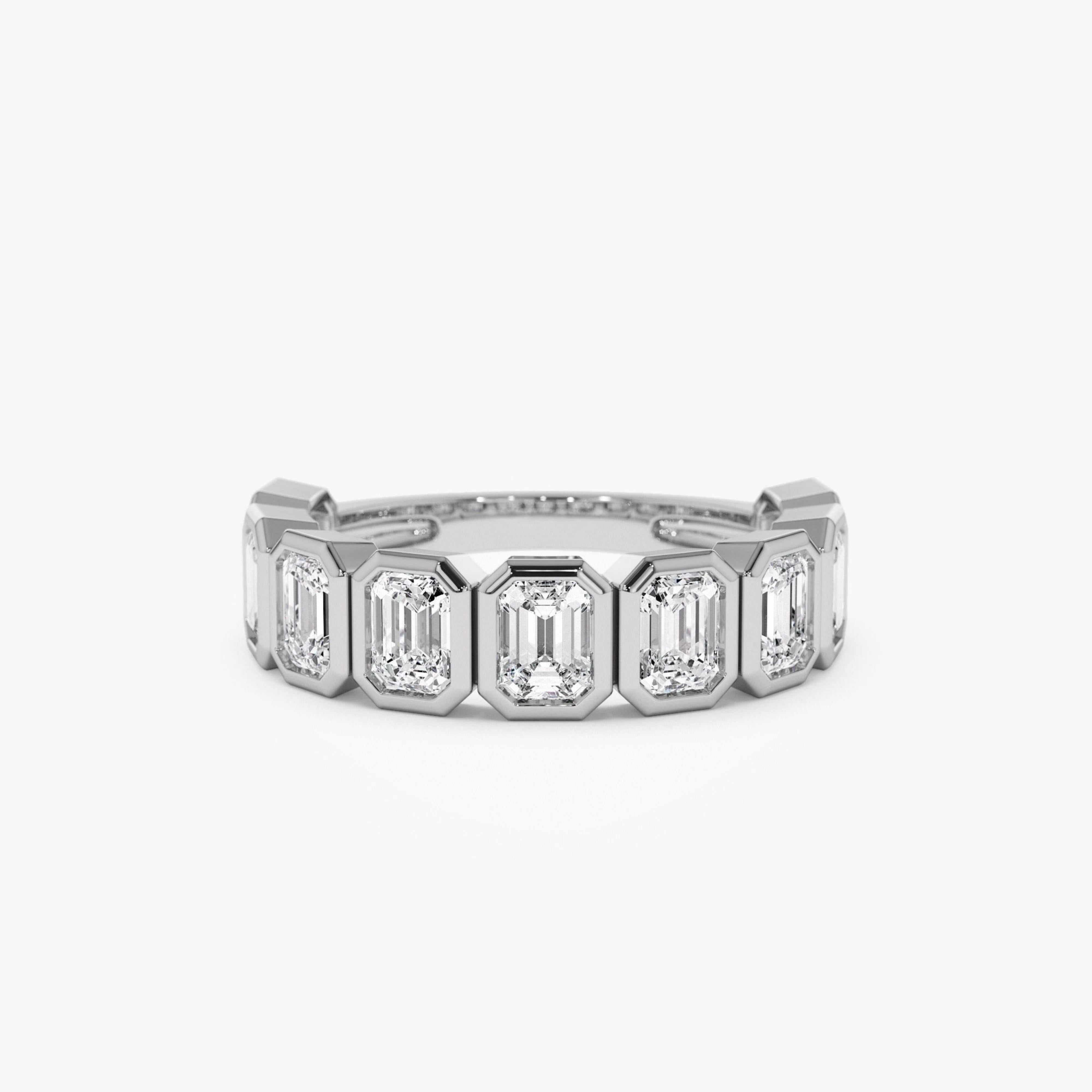 Nine Stone Emerald Cut Lab Diamond Bezel Setting Wedding Ring