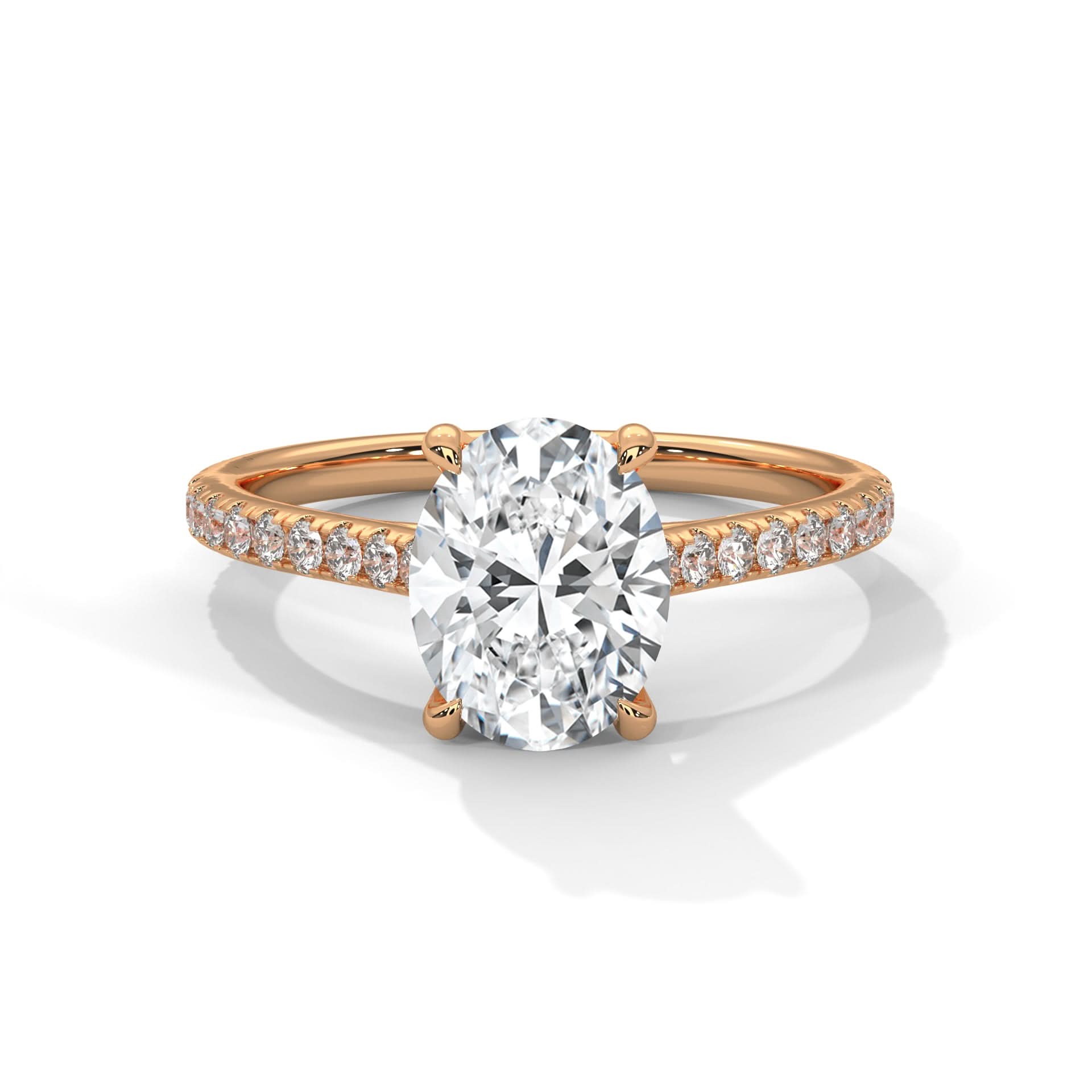 Rose gold ring with a large diamond and smaller diamonds on the band against a white background