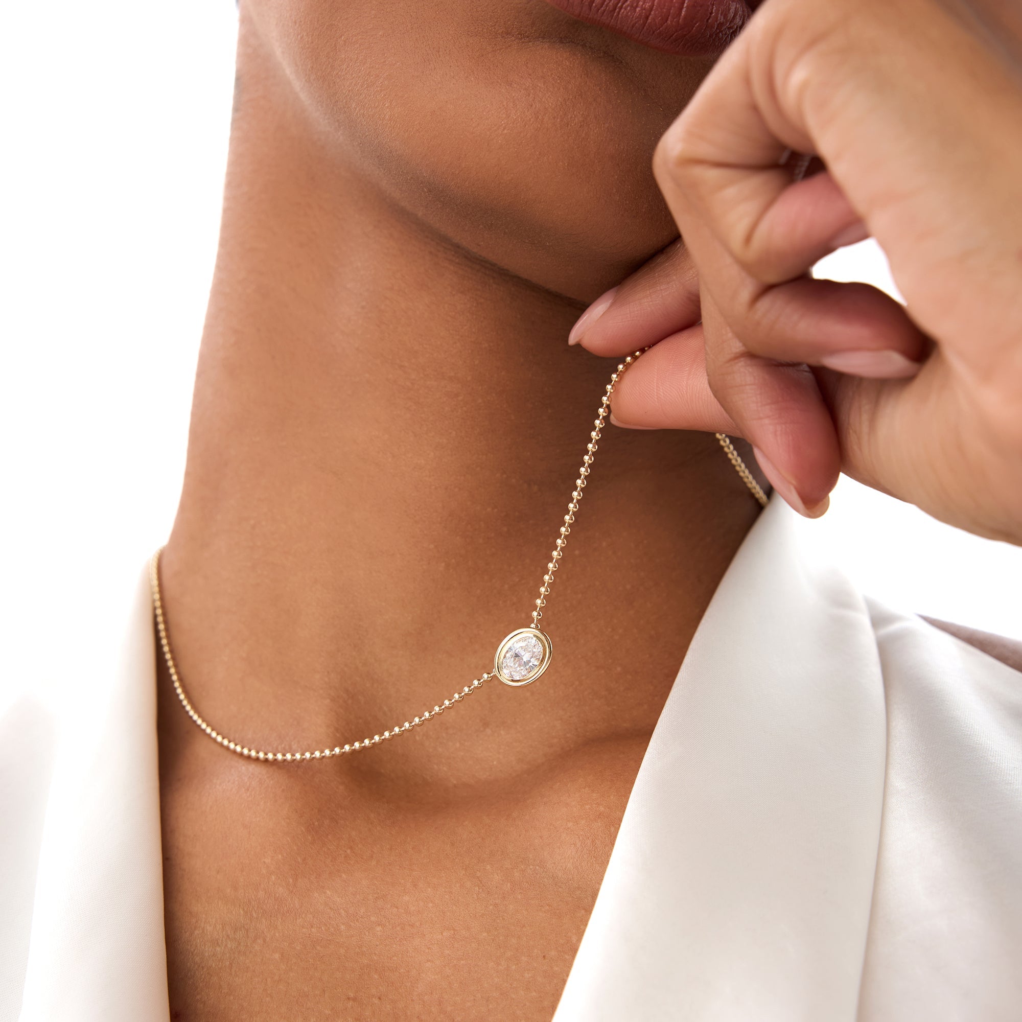 Oval Cut Bezel Set Beaded Necklace