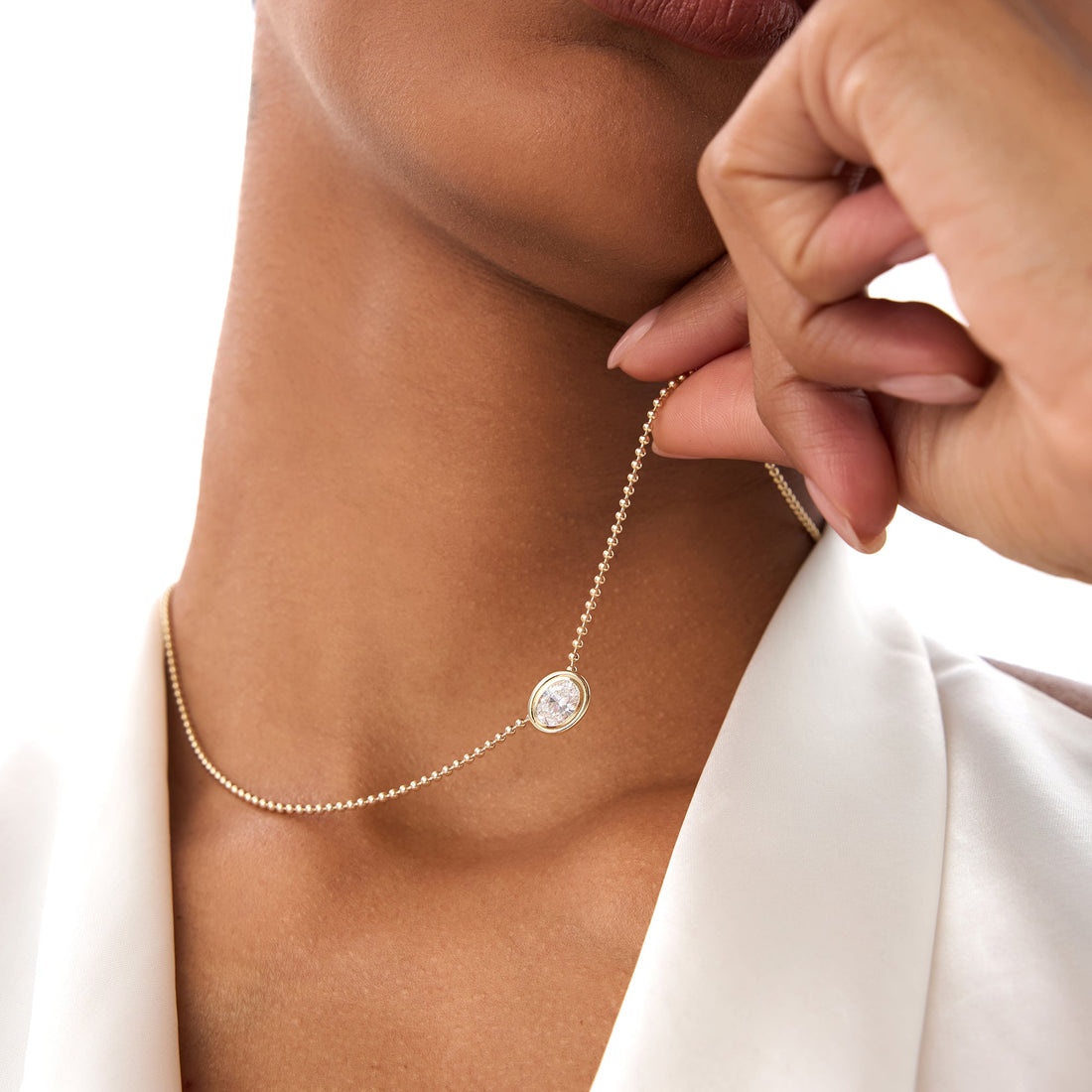 Oval Cut Bezel Set Beaded Necklace