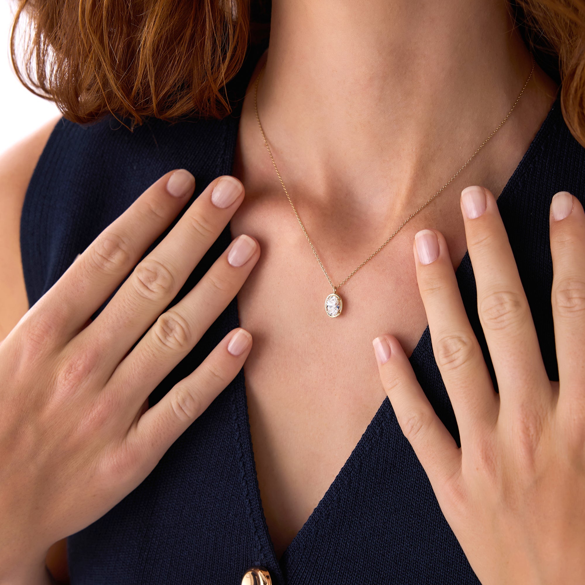 Oval Cut Lab Grown Diamond Bezel Set Solitaire Necklace