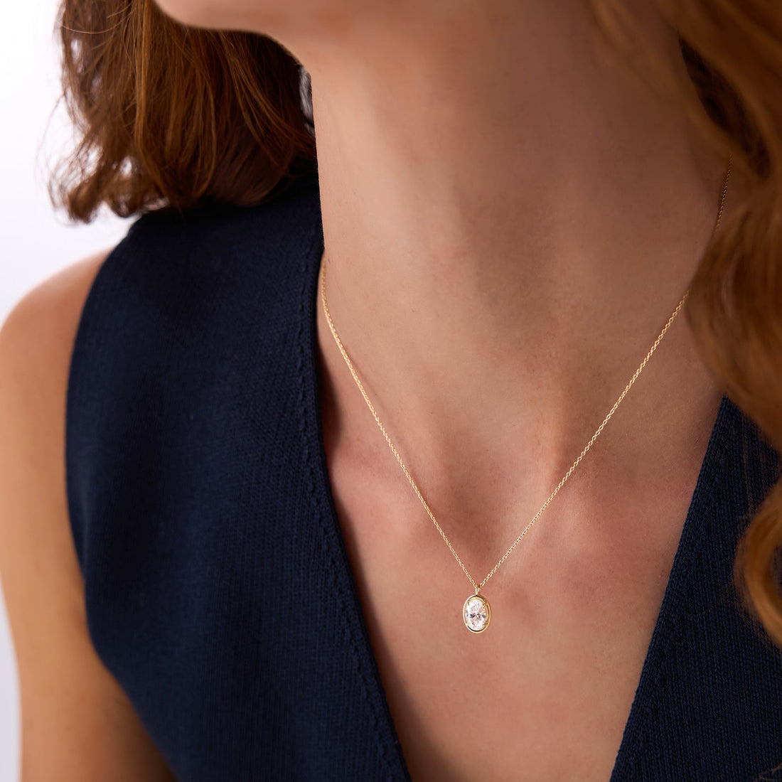 Oval Cut Lab Grown Diamond Bezel Set Solitaire Necklace