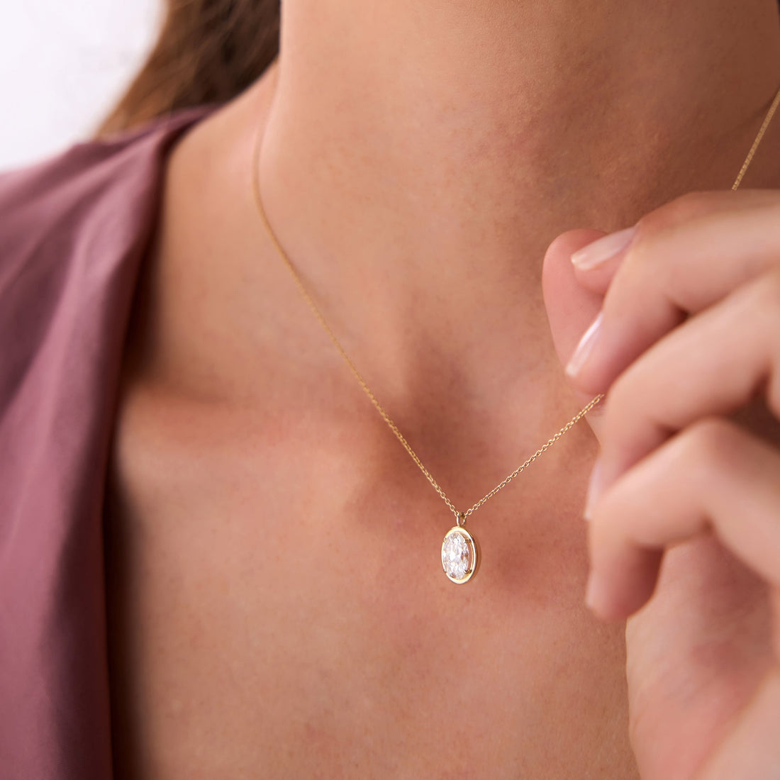 Oval Cut Lab Grown Diamond Bezel Set Solitaire Necklace