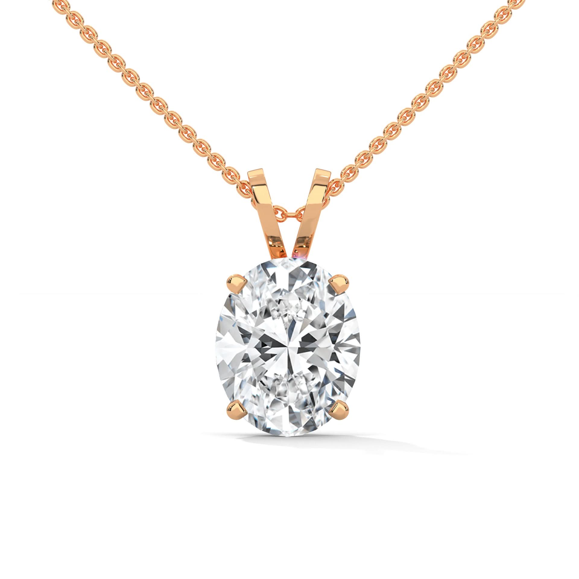 Rose gold necklace with a diamond pendant on a white background