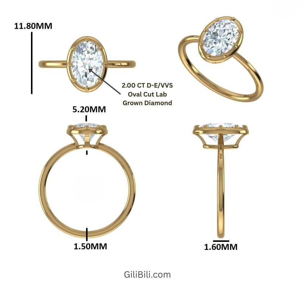 Yellow gold ring with an oval-cut lab-grown diamond, shown from multiple angles with measurement labels including 11.80MM, 5.