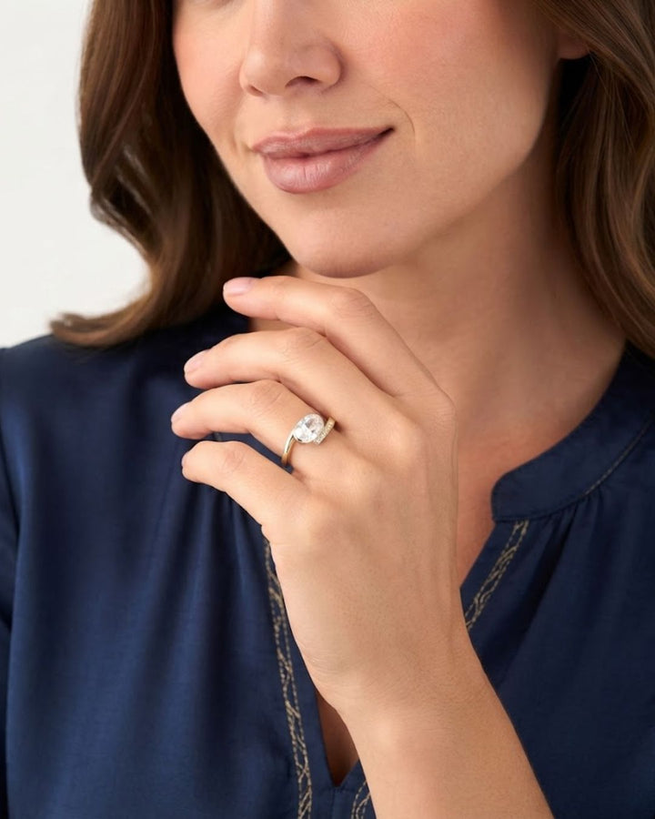 Oval Shaped Curved Half Pavé Band Engagement Ring