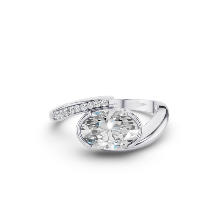 Oval Shaped Curved Half Pavé Band Engagement Ring