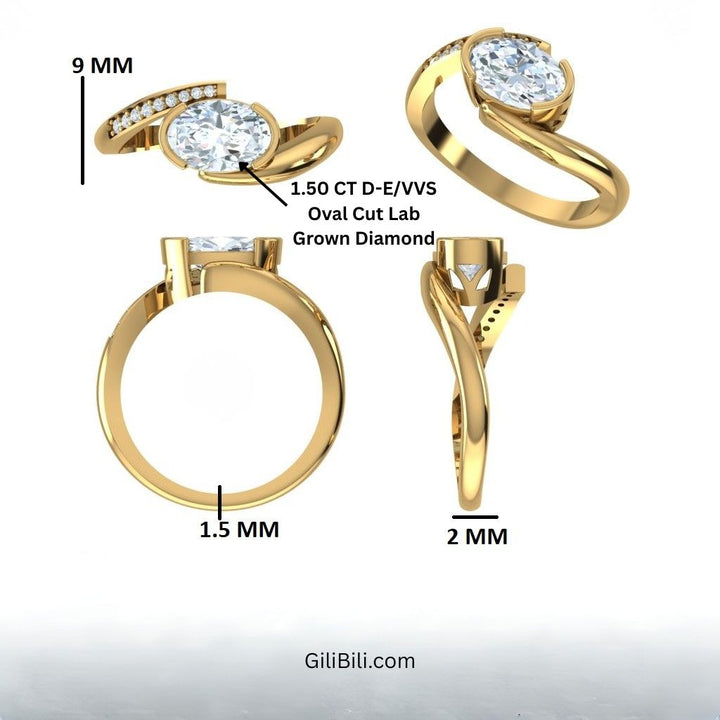 Oval Shaped Curved Half Pavé Band Engagement Ring