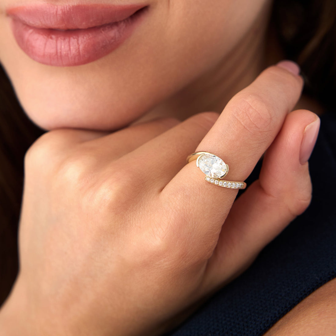 Oval Shaped Curved Half Pavé Band Engagement Ring