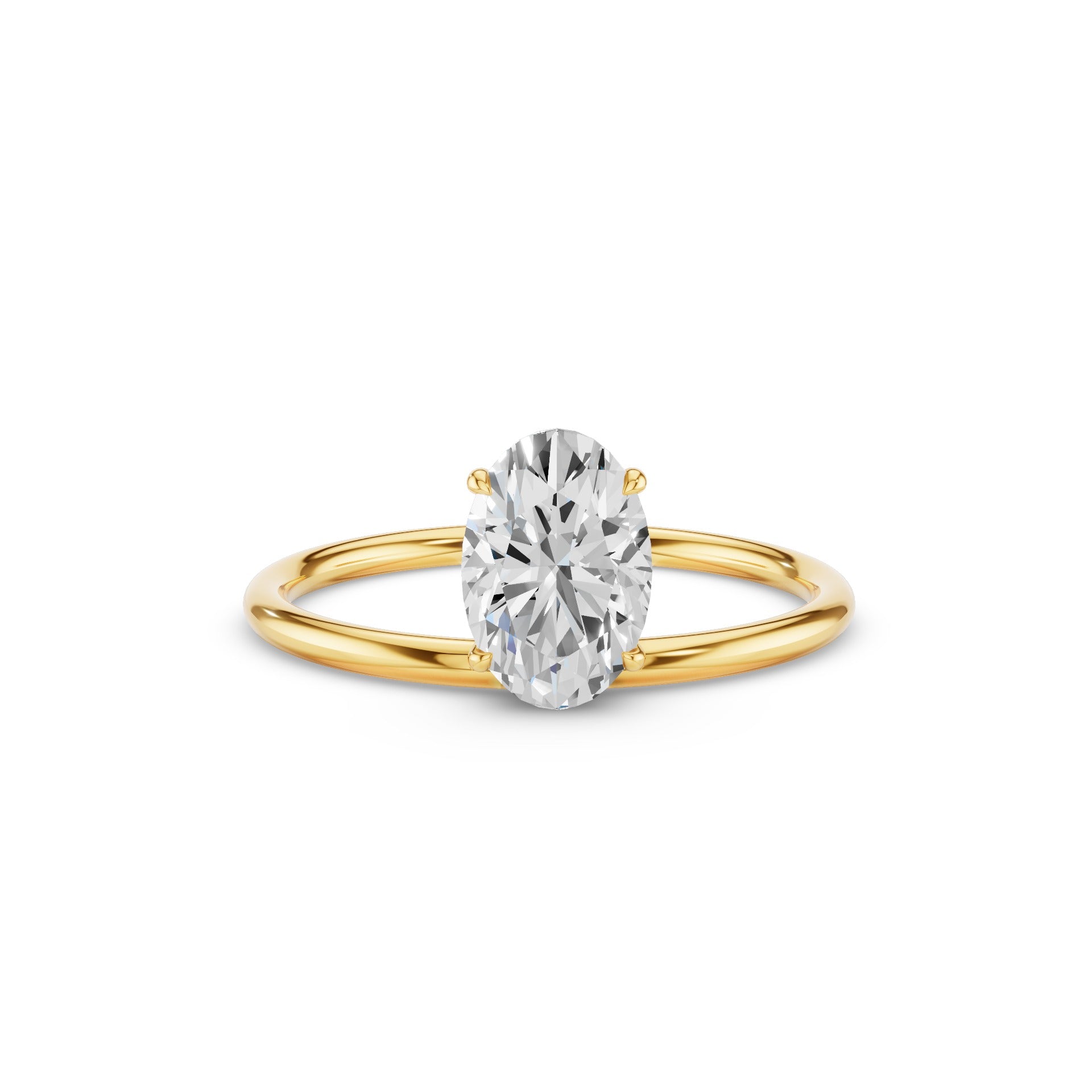 An oval-cut diamond engagement ring with a yellow gold band, shown on a clean white background.