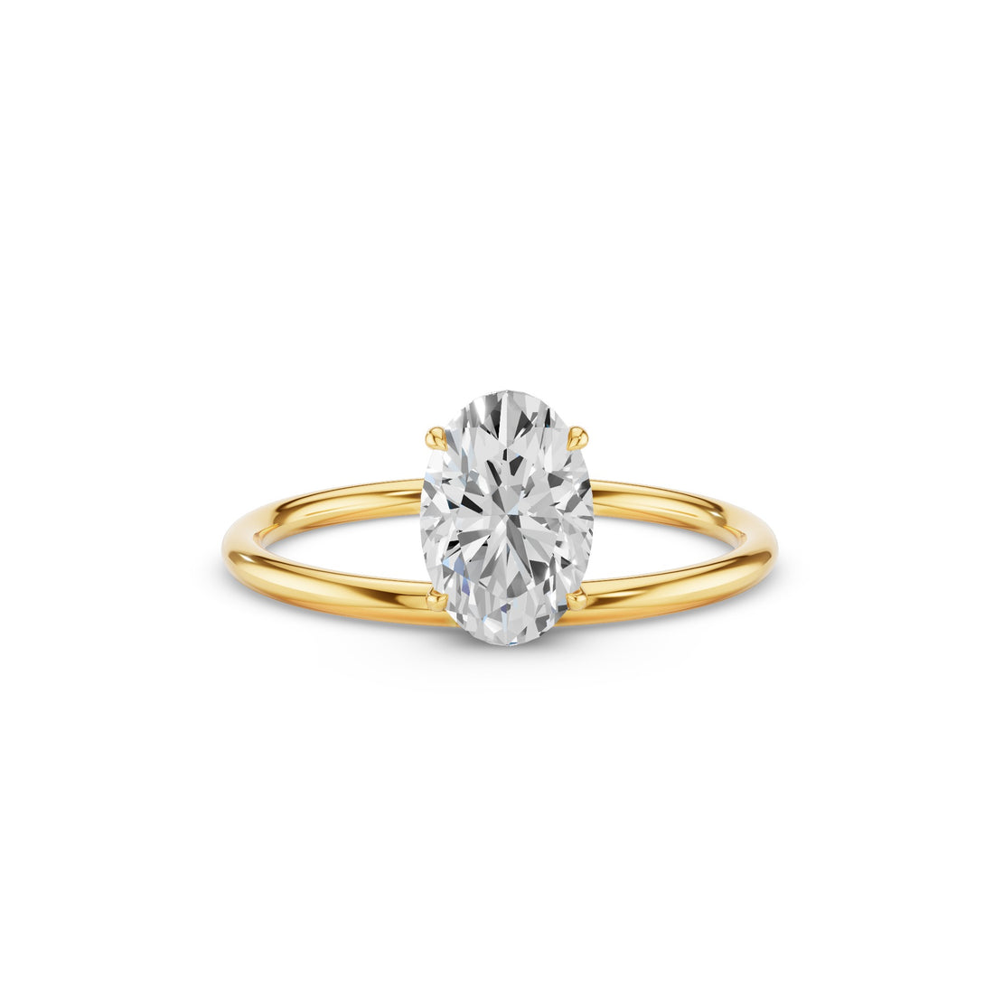 An oval-cut diamond engagement ring with a yellow gold band, shown on a clean white background.