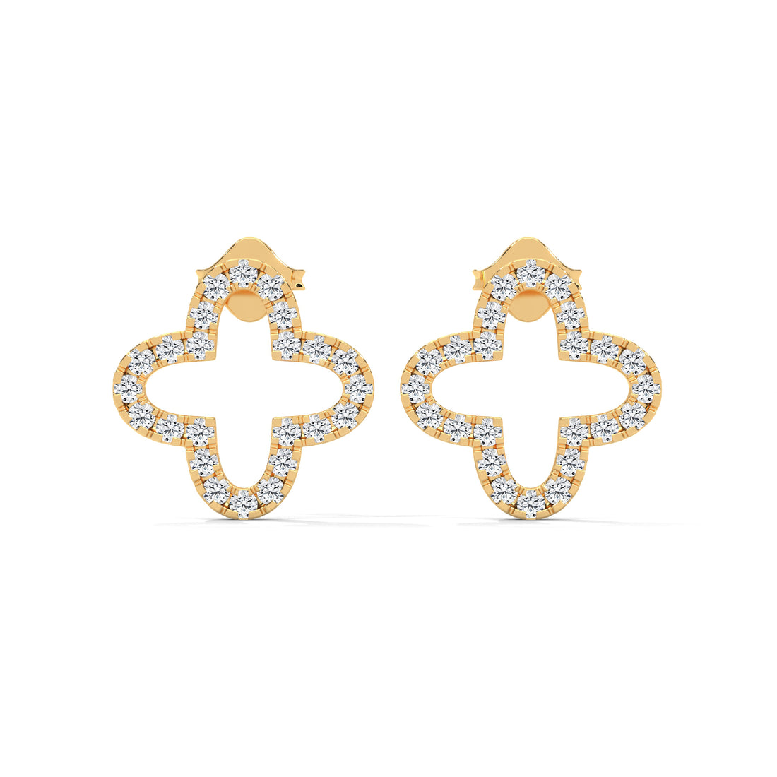 Gold earrings with diamond accents on a white background