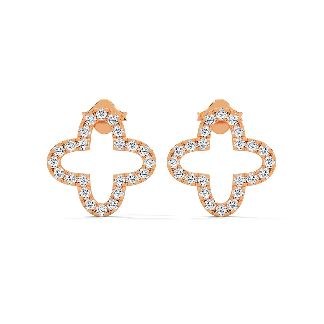 Rose gold earrings with diamond accents on a white background