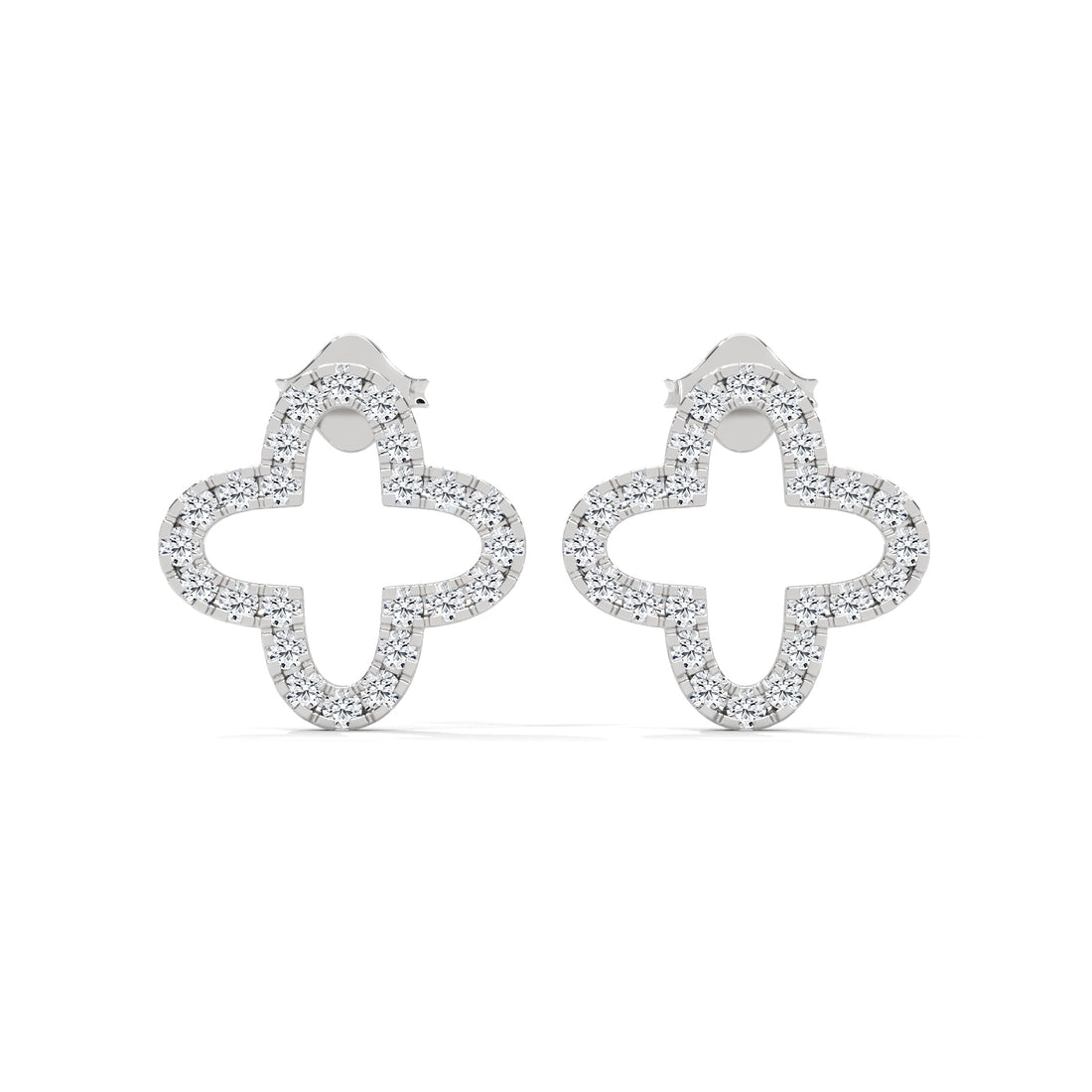 Silver clover-shaped earrings with clear stones on a white background