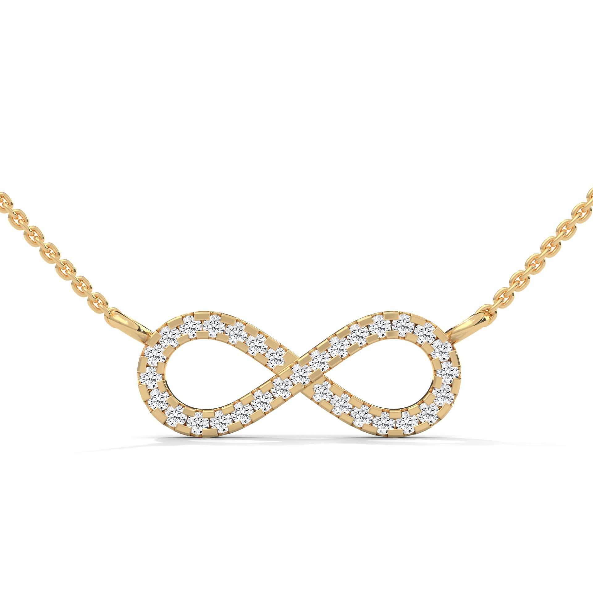 Gold infinity necklace with diamond accents on a white background