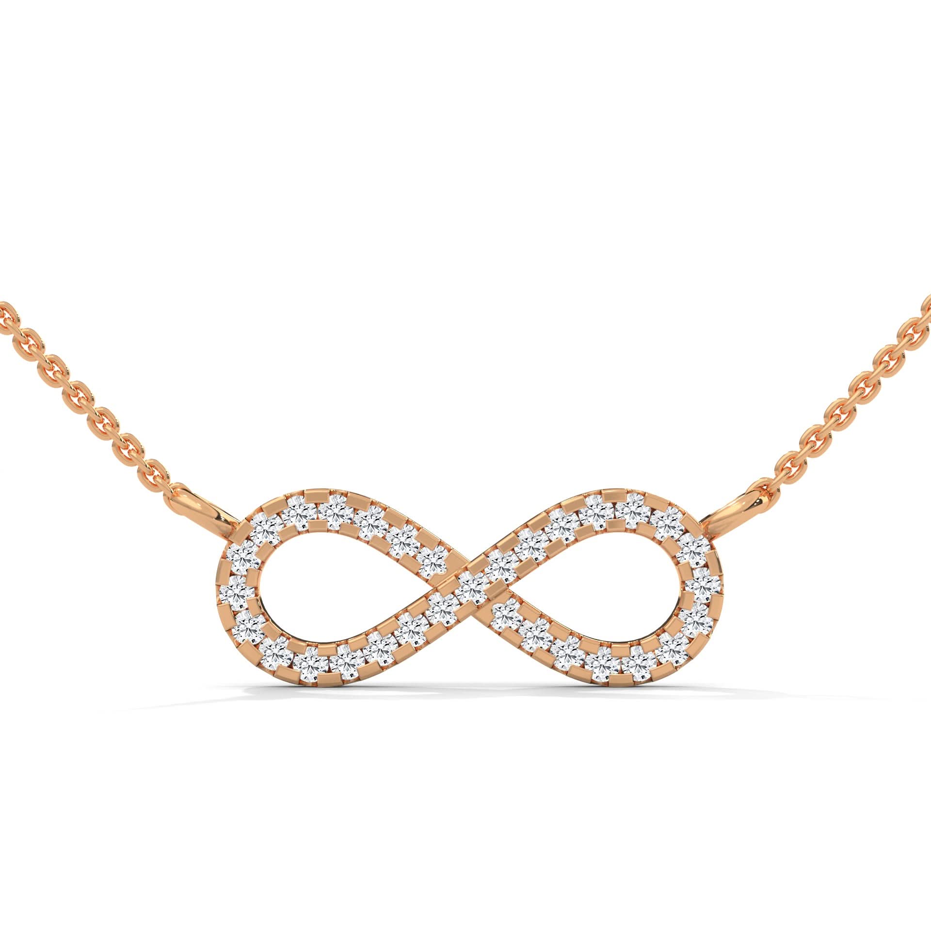 Rose gold infinity necklace with diamonds on a white background