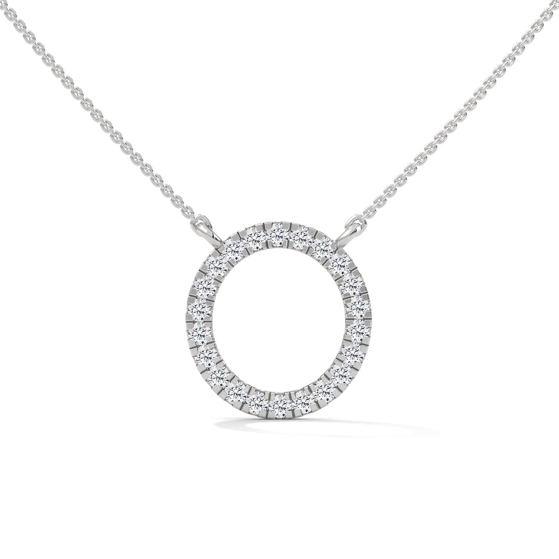 Diamond necklace with a circular pendant on a white background