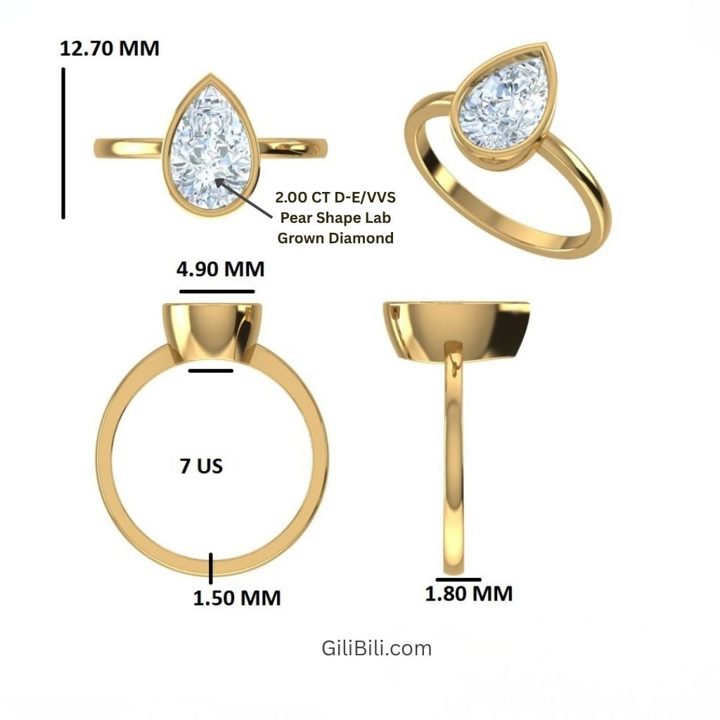 Gold ring with a pear-shaped clear gemstone shown from multiple angles with measurement labels, on a white background. Text indicates 12.