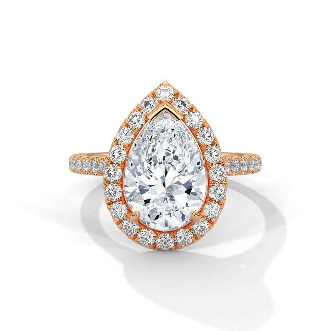 Diamond ring with rose gold setting on a white background