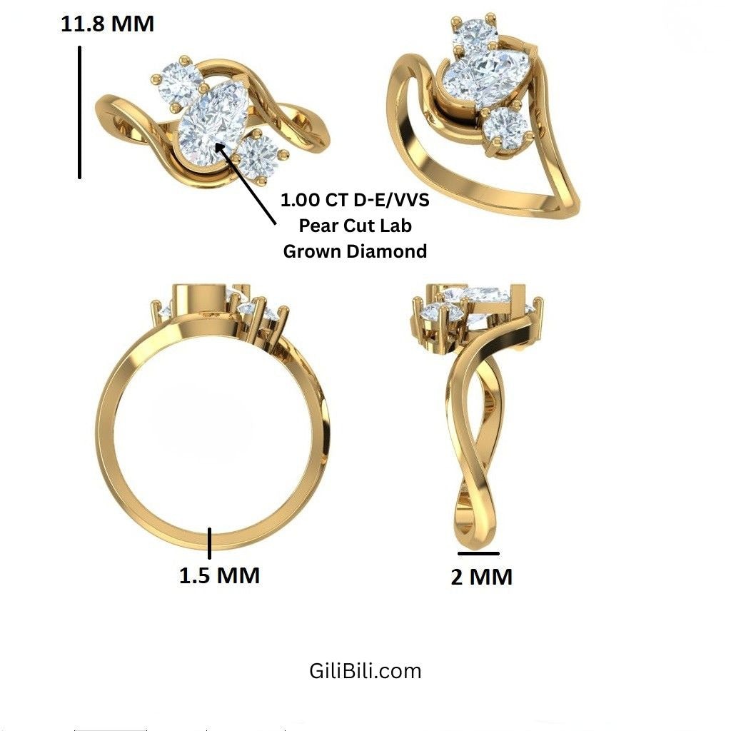 Pear Shape Lab Diamond Unique Bypass Engagement Ring